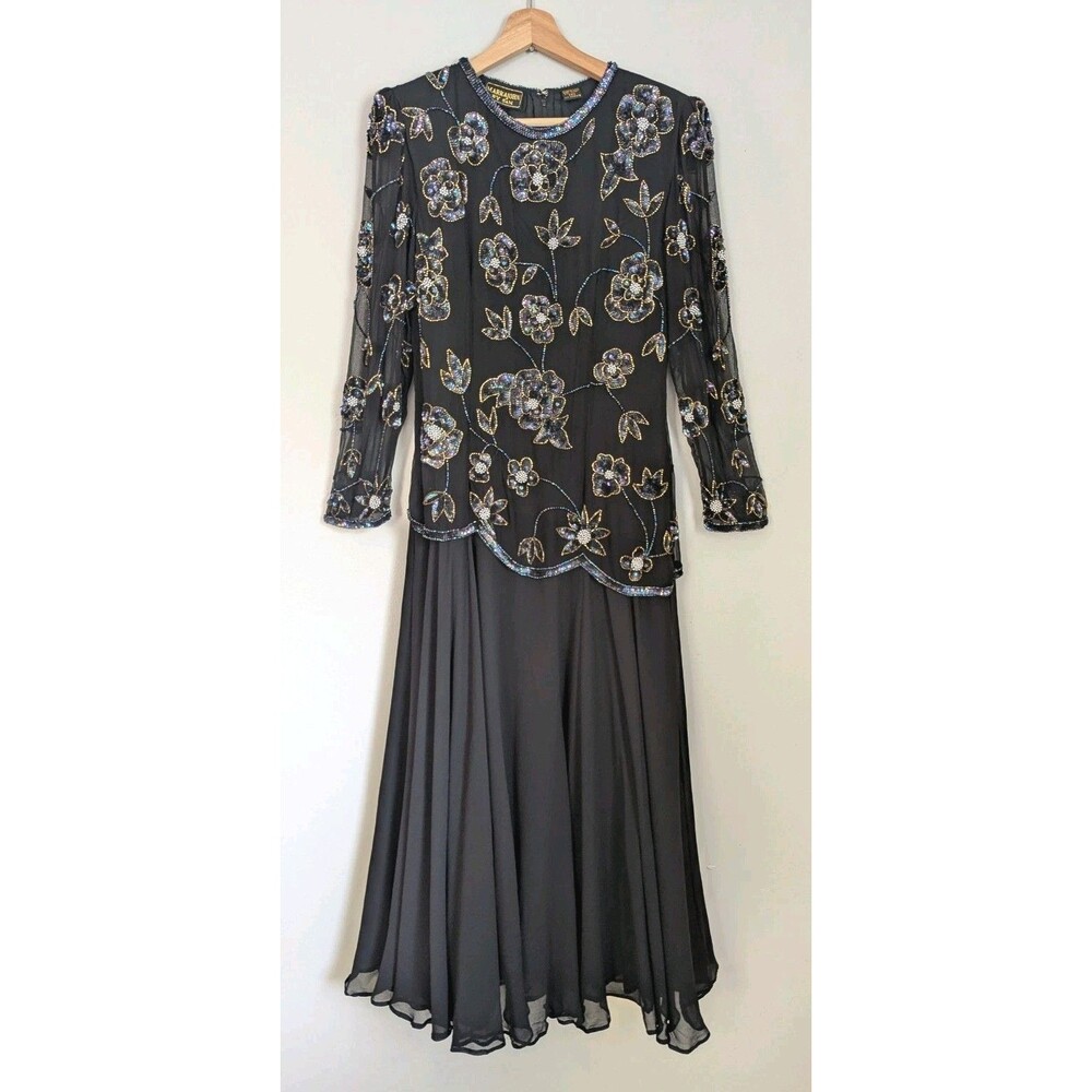 Superb Vintage 1980s 100% Silk Beaded Evening Dress Black Sequin Cocktail Maxi M